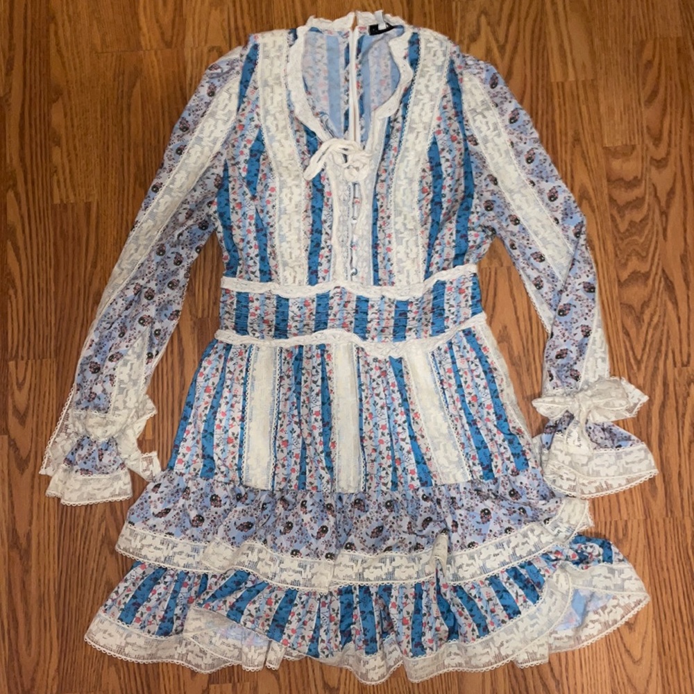 Ruffle and Lace Long Sleeve Short Dress with Zip Back